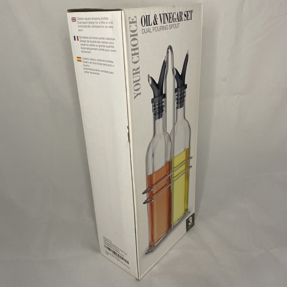 Oil and Vinegar Bottle Cruet Set with Wire Caddy & Dual Pouring Spouts - Picture 2 of 3
